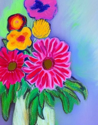 A painting of some pink flowers in a vase