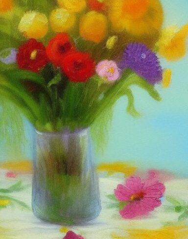A painting of vibrant flowers in a vase on the table