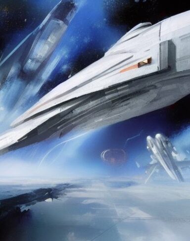 A painting of with a white space ship in the space in the background