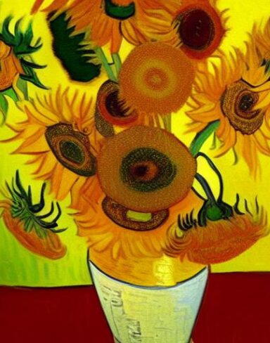 A painting of yellow sunflowers