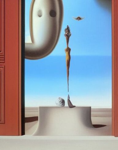 A painting on the side of a building with doors in the sky