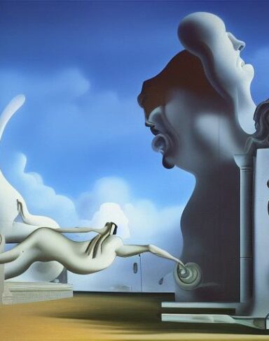 A painting on the side of a building with sculptures and sky