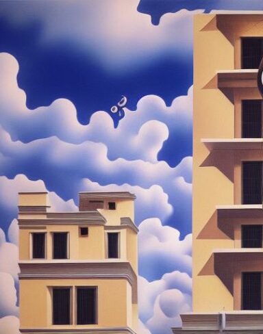 A painting on the side of a building with sculptures and sky