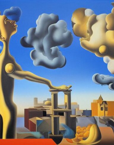 A painting on the side of a building with sculptures and sky