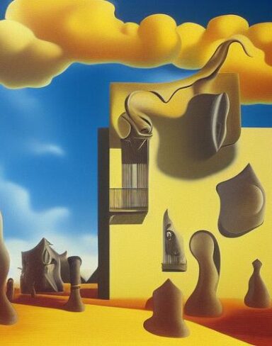 A painting on the side of a building with sculptures and sky