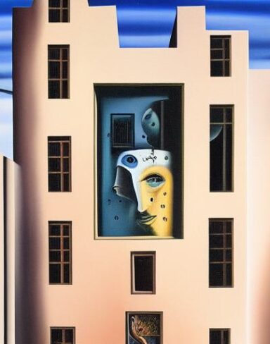 A painting on the side of a building with windows