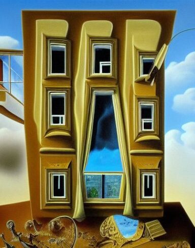 A painting on the side of a building with windows