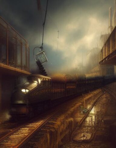 A steampunk painting of a train on a train track