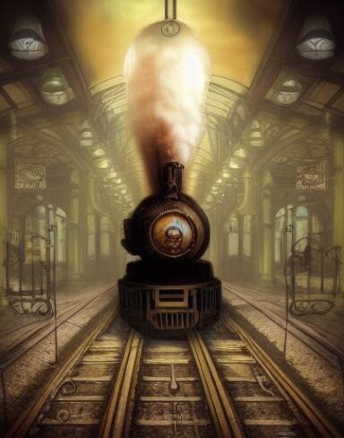 A steampunk train traveling through a building