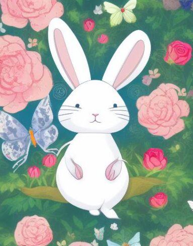 A white rabbit sleeping in the middle of a forest with roses and butterfly