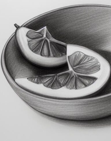 Art drawing of a fruit bowl on a table