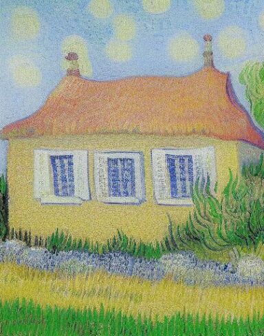 Art painting of one house in a garden