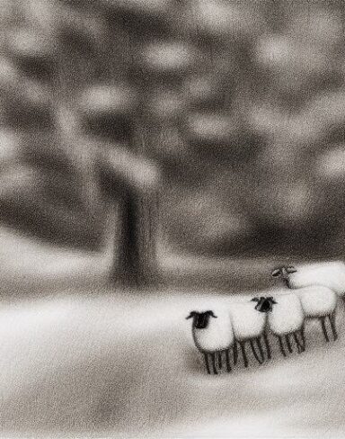 Black and white drawing of sheep and trees in forest