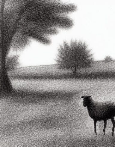 Black and white drawing of sheep and trees in rural area