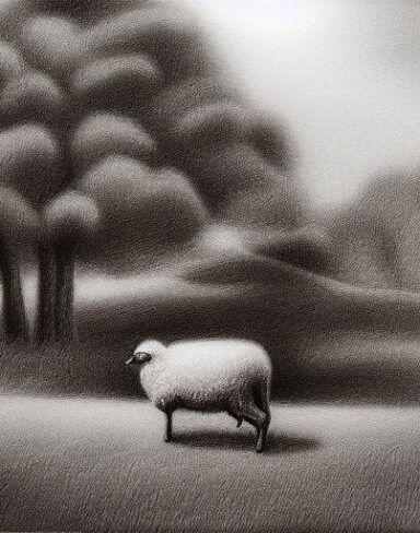 Black and white drawing of sheep and trees with a house