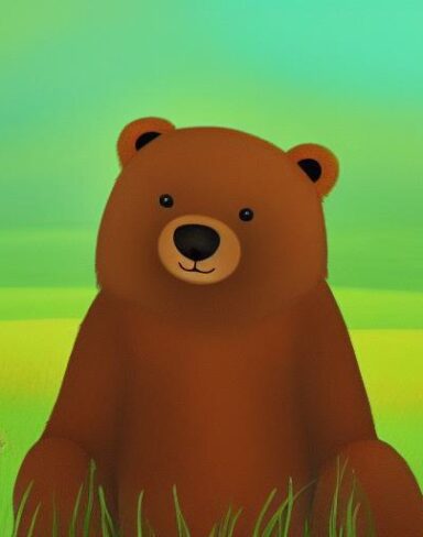 Brown bear sitting on the lush green field