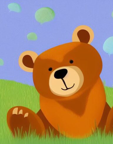 Brown bear sitting on the lush green field