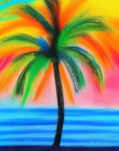 Color painting of a palm tree on a beach