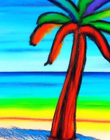 Color painting of palm tree on a beach