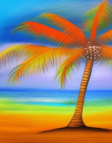 Color painting of the palm tree on a beach