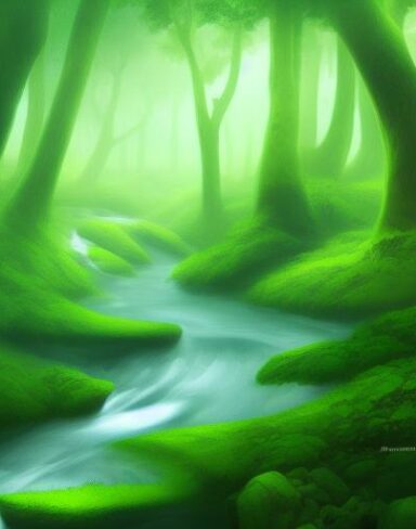 Curve stream running through a green forest