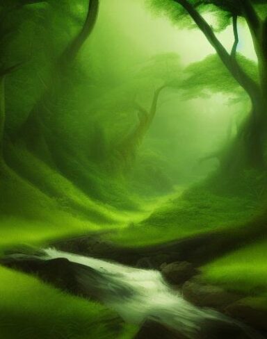 Curve stream running through a green forest