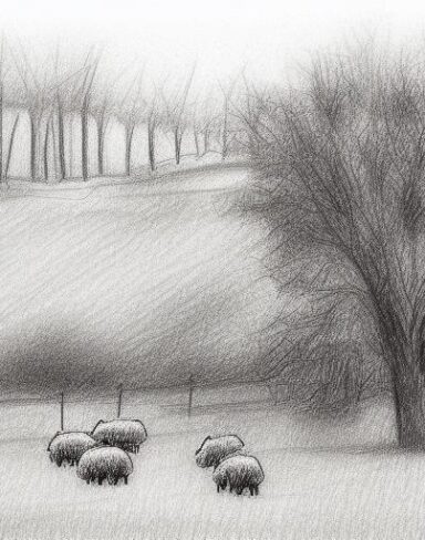 Drawing of sheep and trees in rural