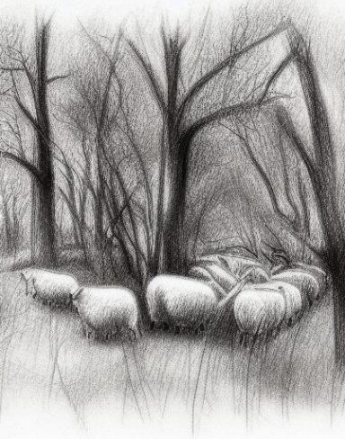 Drawing of sheep and trees in the forest