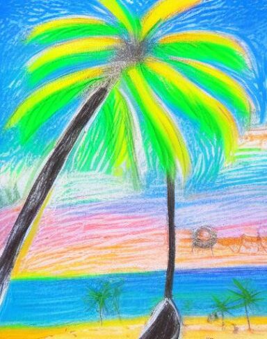 Hand-drawn painting of a palm tree at the beach