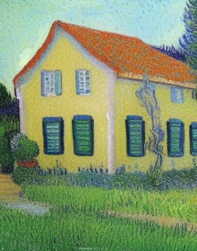 Impressionism painting of the house inside garden