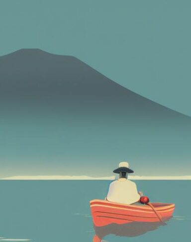 Man on the boat on a lake with the mountains