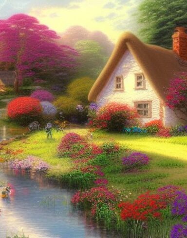 Painting of a cottage by a river with flowers