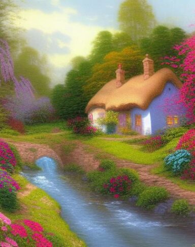 Painting of a cottage near a river with vivid flowers