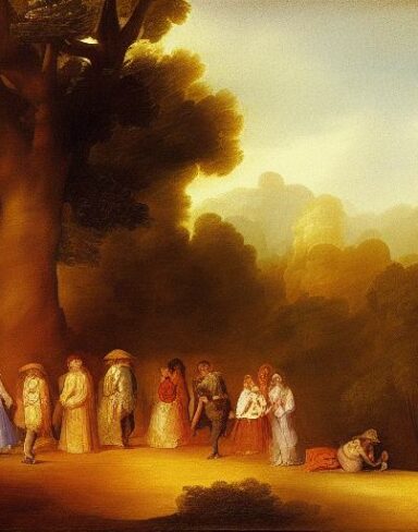 Painting of a group of people in the forest by Francisco de Holanda