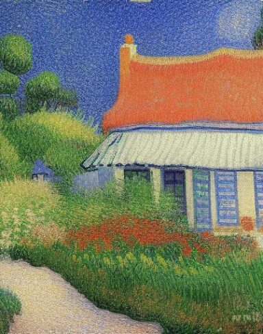 Painting of a house in a garden