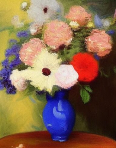Painting of flowers in a vase on a table