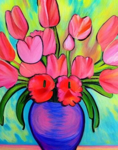 Painting of many pink flowers in a vase