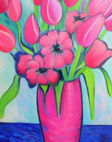 Painting of many pink flowers in a vase