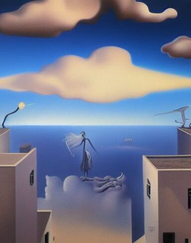 Painting on the side of a building in the sky