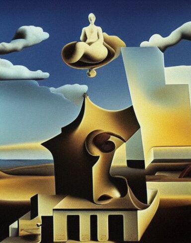 Painting on the side of a building with sculptures and sky