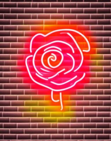 Simple flower neon sign on a brick wall
