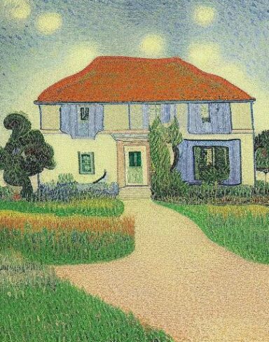 The art painting of the house with garden