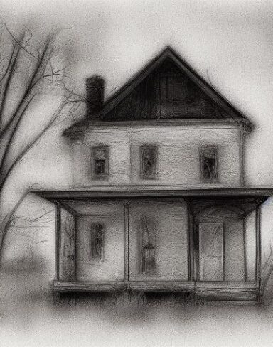 The black and white charcoal drawing of house