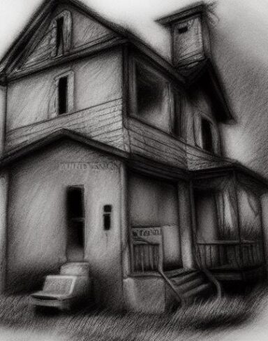 The black and white charcoal drawing of house