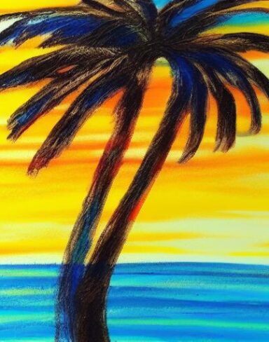 The color painting of a palm tree on a beach