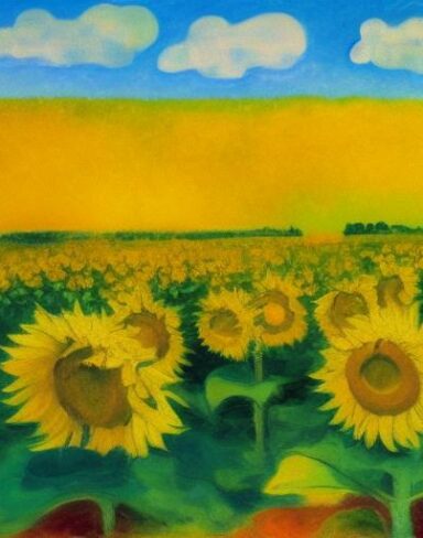 The oil painting of sunflowers in the field