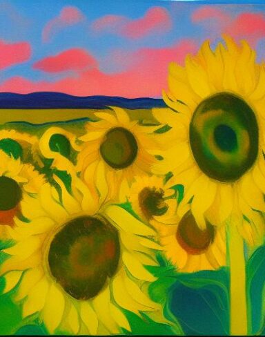 The oil painting of sunflowers in the field