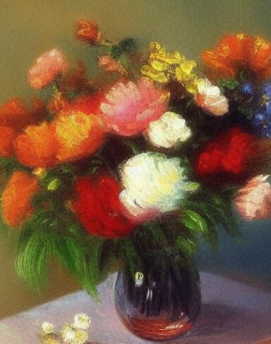 The painting of flowers in a vase on a table