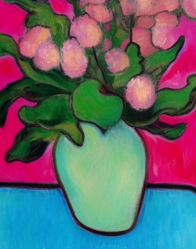 The painting of several pink flowers in a vase