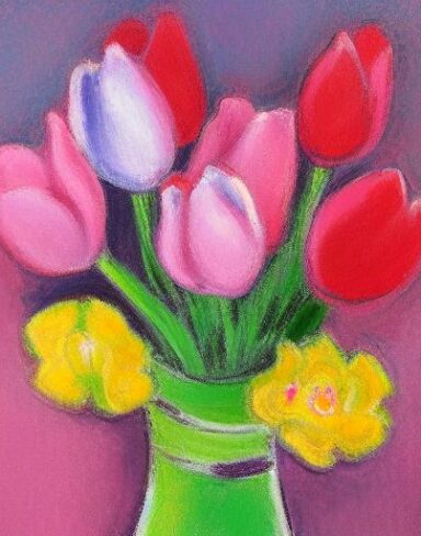 The painting of several pink flowers in a vase